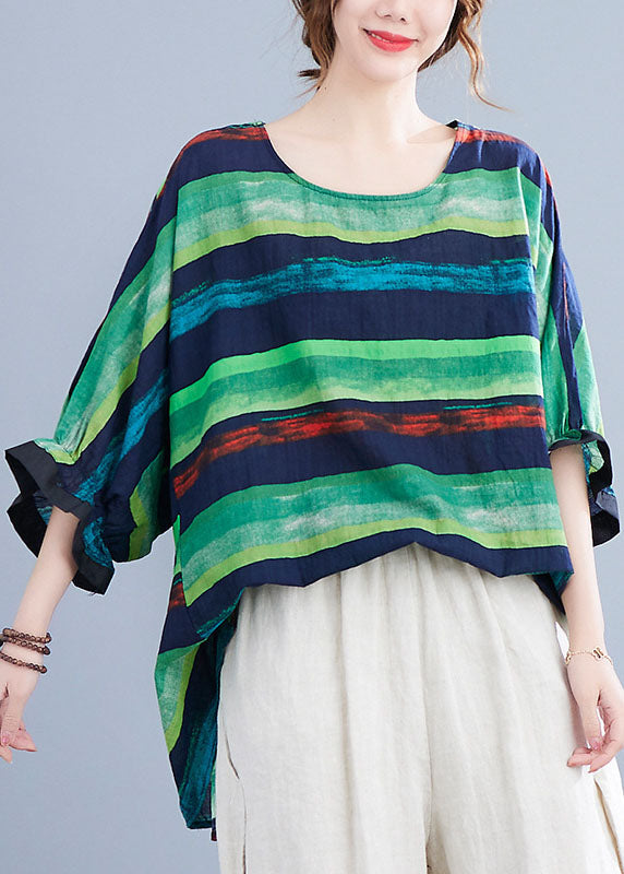 French Green O-neck Print Ruffled Fall Striped Shirt Tops Half Sleeve