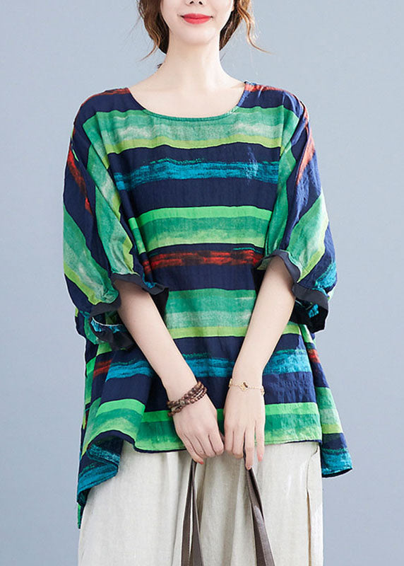 French Green O-neck Print Ruffled Fall Striped Shirt Tops Half Sleeve