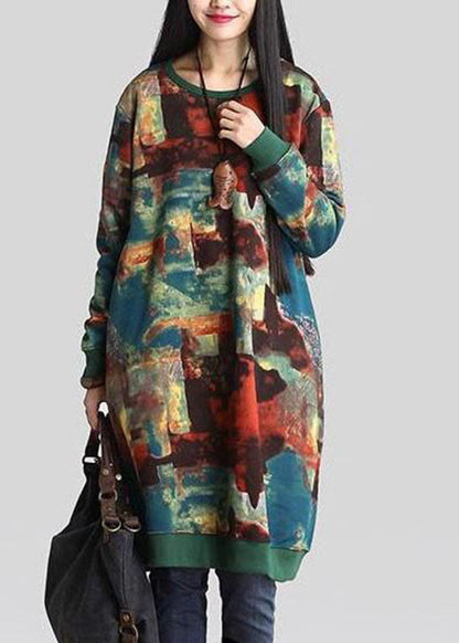 French Green O-neck Print Warm Fleece Sweatshirts Dress Winter