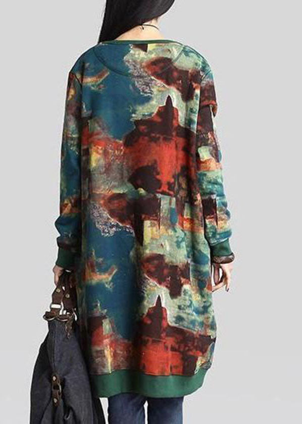 French Green O-neck Print Warm Fleece Sweatshirts Dress Winter