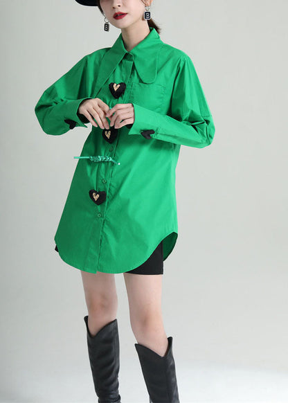 French Green Oversized Patchwork Love Applique Cotton Blouses Fall