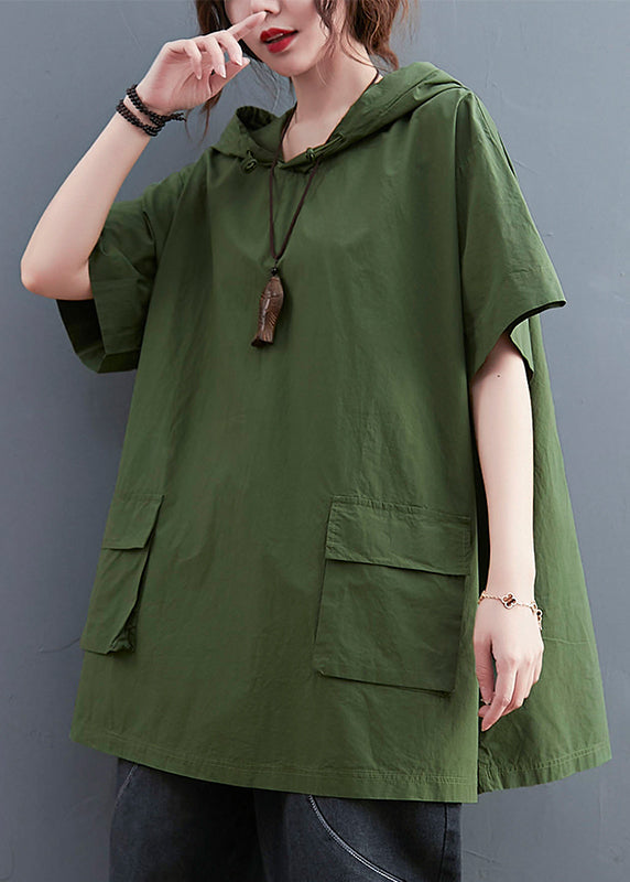 French Green Oversized Pockets Cotton Sweatshirt Summer
