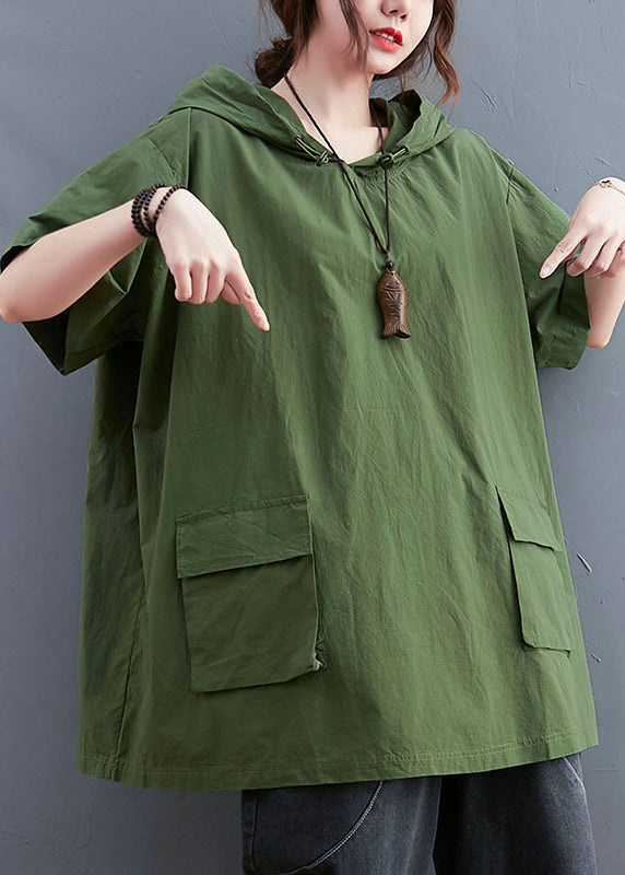 French Green Oversized Pockets Cotton Sweatshirt Summer