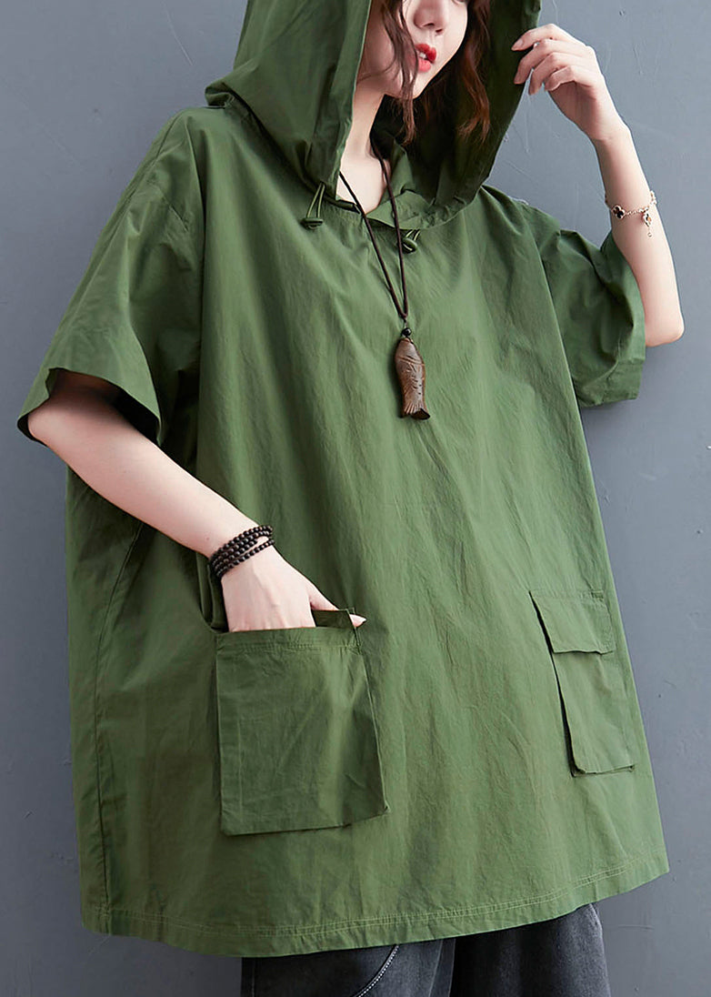 French Green Oversized Pockets Cotton Sweatshirt Summer