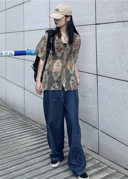 French Green Oversized Print Chiffon Shirt Tops Summer