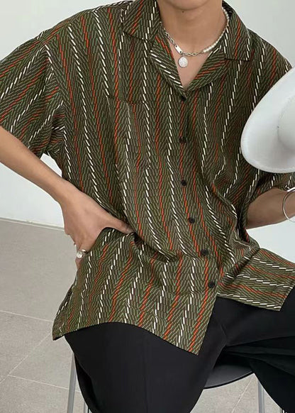 French Green Peter Pan Collar Button Cotton Shirts Short Sleeve