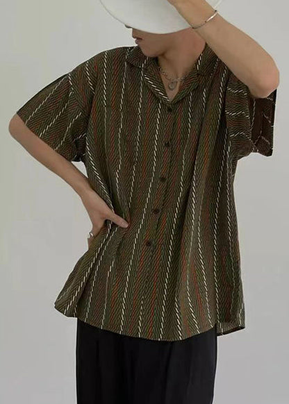 French Green Peter Pan Collar Button Cotton Shirts Short Sleeve