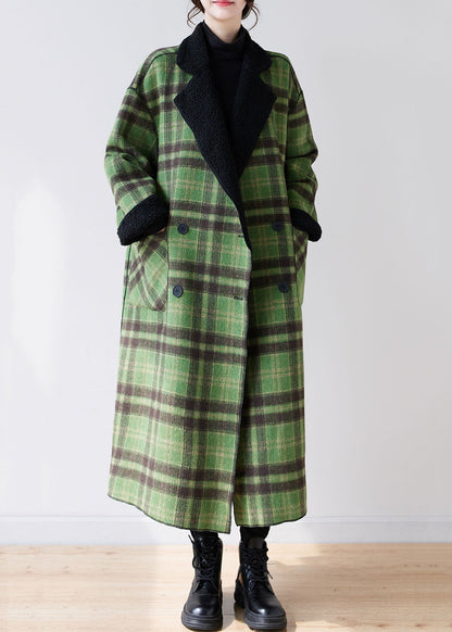 French Green Plaid Notched Wear on Both Sides Warm Fleece Faux Fur Trench Coats Long Sleeve