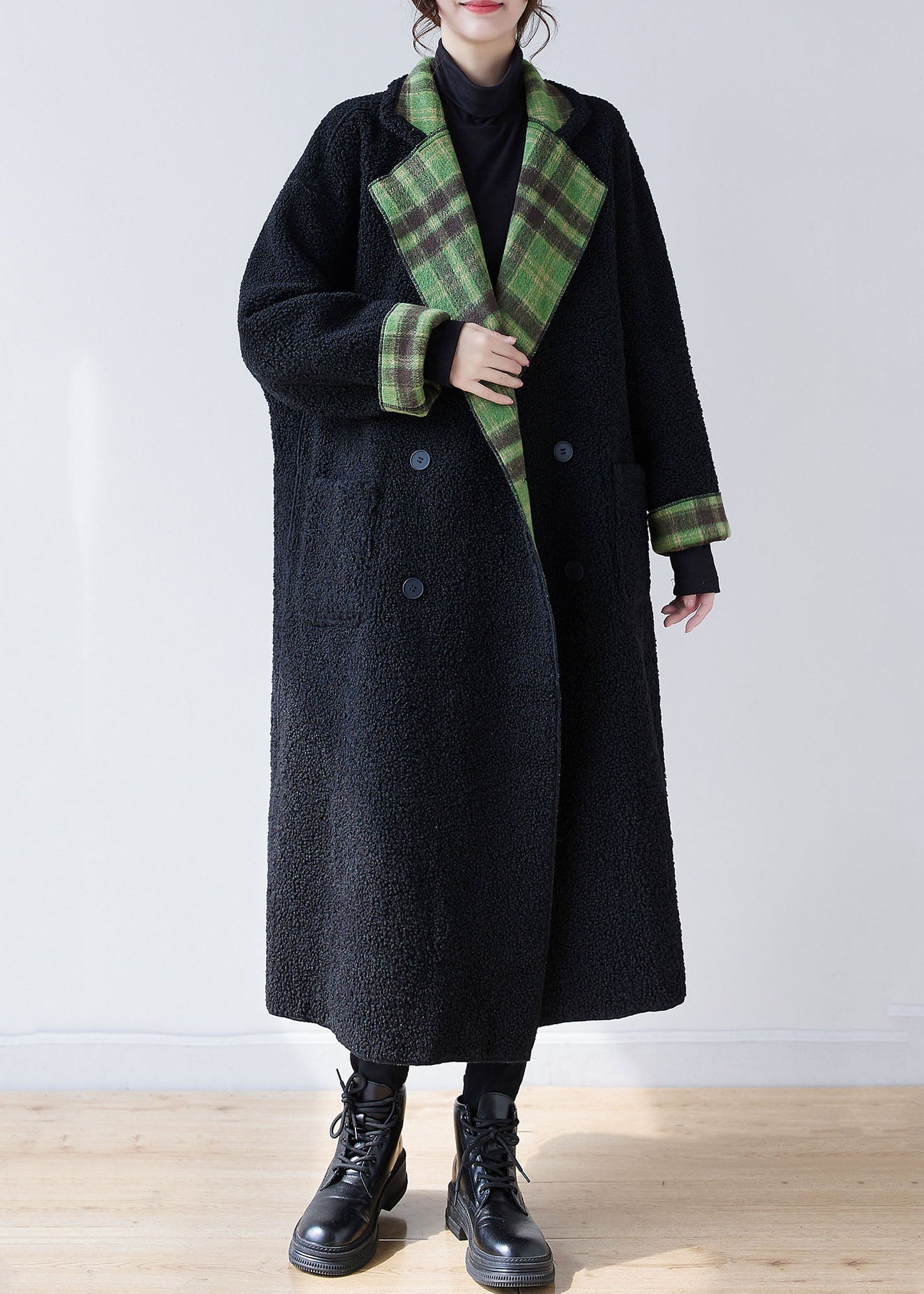 French Green Plaid Notched Wear on Both Sides Warm Fleece Faux Fur Trench Coats Long Sleeve