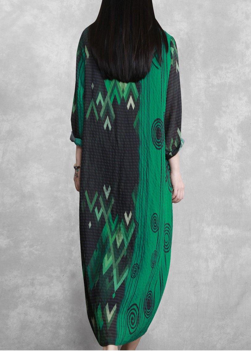 French Green Print Long Summer Dresses
