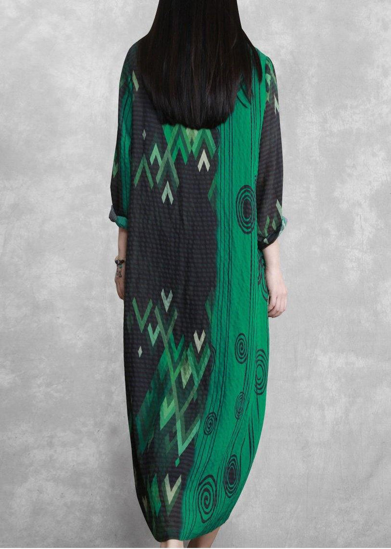 French Green Print Long Summer Dresses