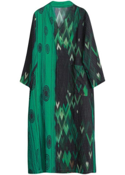 French Green Print Long Summer Dresses