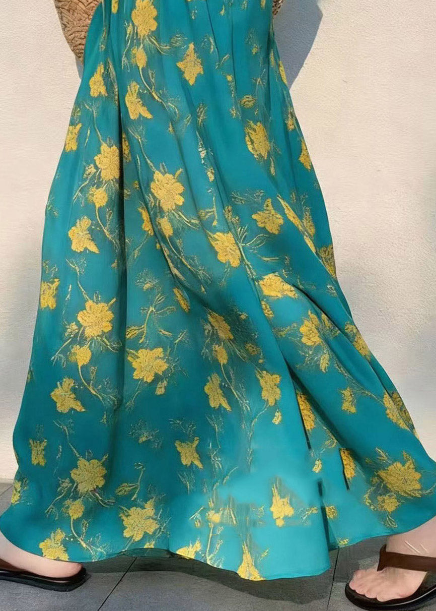 French Green Print Elastic Waist Draping a Line Skirts