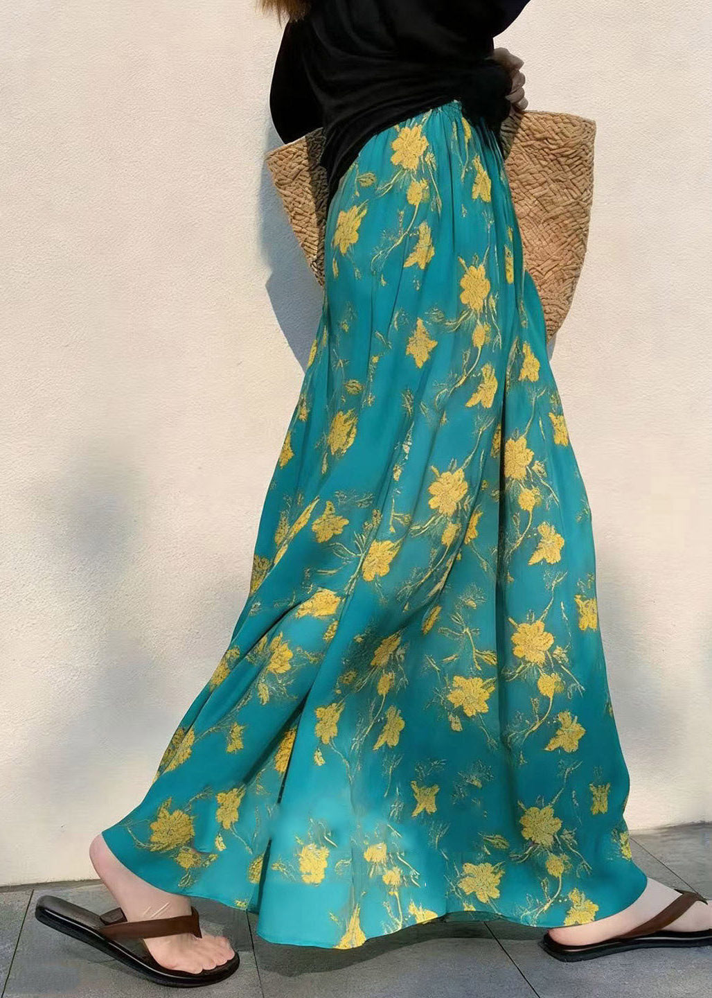 French Green Print Elastic Waist Draping a Line Skirts