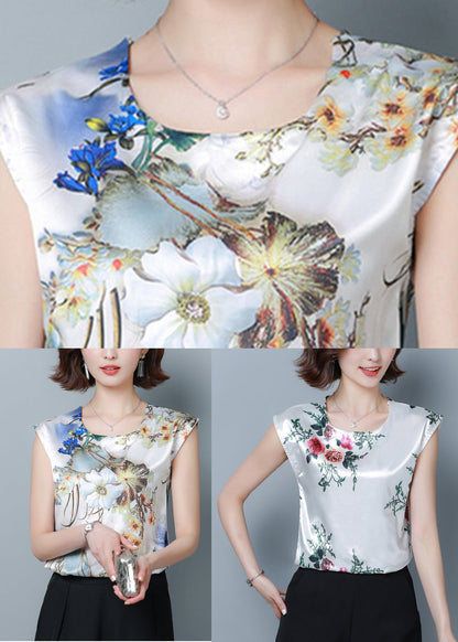French Green Print O-neck Silk Shirt Tops Short Sleeve