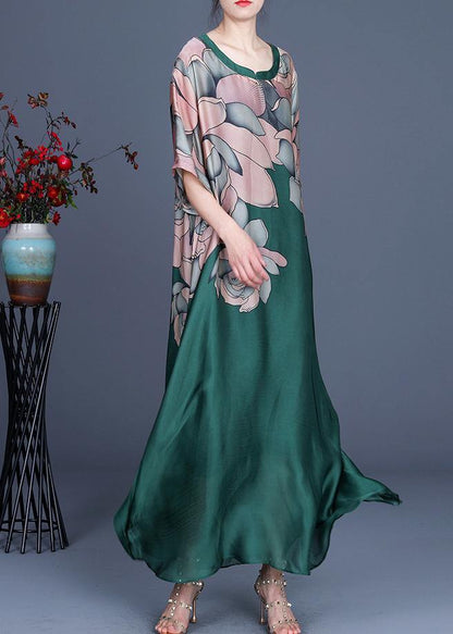 French Green Print Three Quarter Sleeve Silk Summer Dress Two Pieces Set
