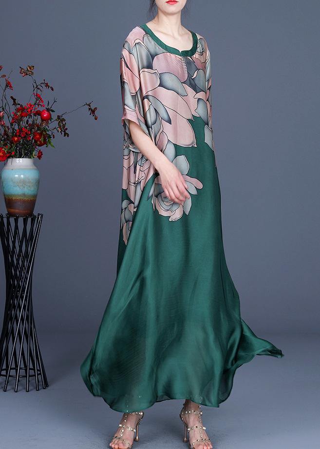 French Green Print Three Quarter Sleeve Silk Summer Dress Two Pieces Set