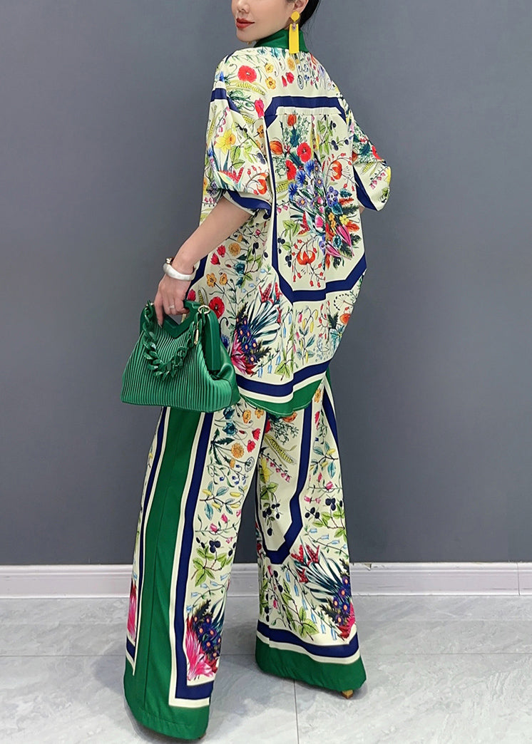 French Green Print Tops and Wide Leg Pants Cotton Two Pieces Set Summer