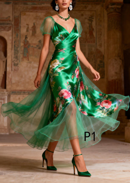 French Green Print Tulle Patchwork Silk Party Dress Summer