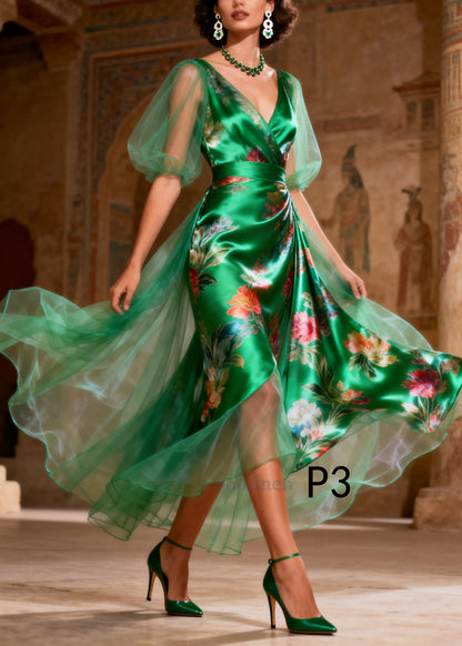 French Green Print Tulle Patchwork Silk Party Dress Summer