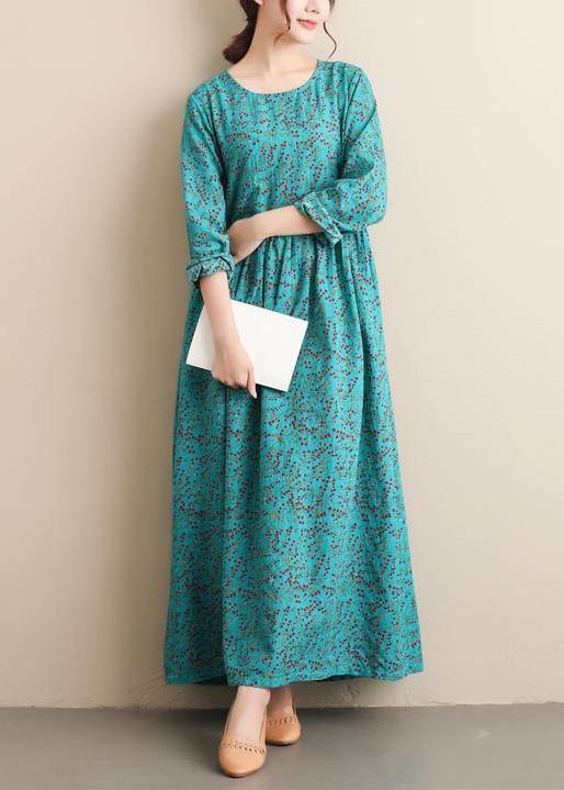 French Green Print Tunics O Neck Cinched Dresses Dress