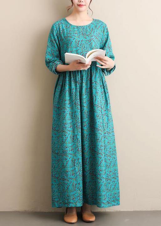 French Green Print Tunics O Neck Cinched Dresses Dress
