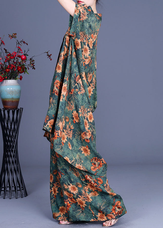 French Green Print Low High Design Fall Short Sleeve Two Piece Set