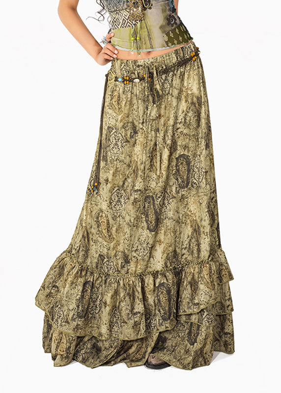French Green Ruffled Patchwork a Line Skirts
