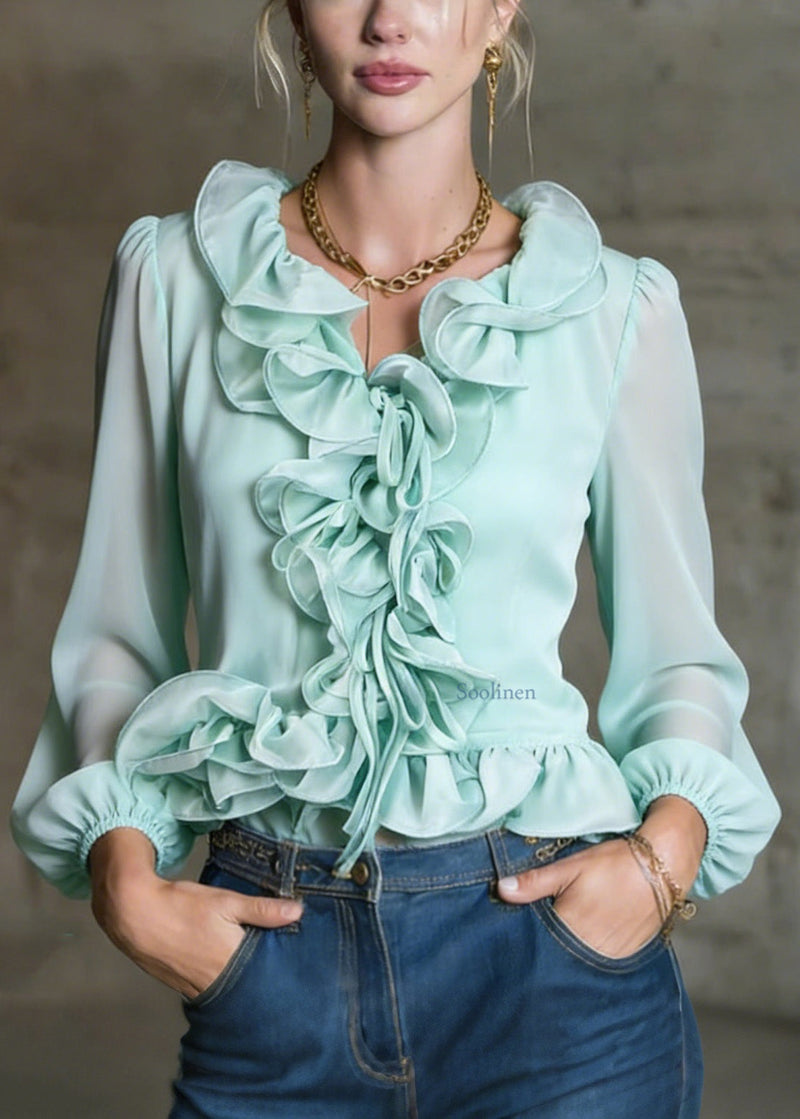 French Green Ruffled Patchwork Chiffon Blouses Spring