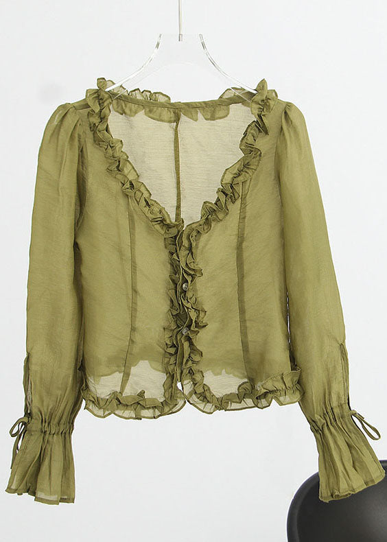French Green Ruffled V Neck Chiffon Tops Spring