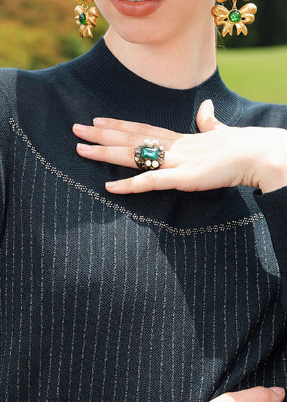French Green Stand Collar Patchwork Wool Knit Long Sweater Long Sleeve