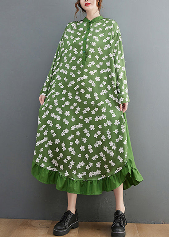 French Green Stand Collar Button Print Shirt Dress Long Sleeve
