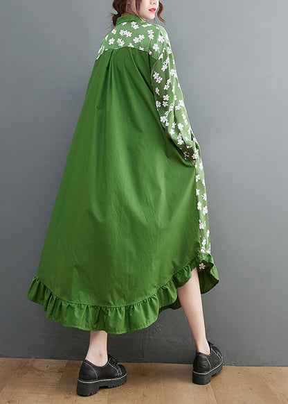 French Green Stand Collar Button Print Shirt Dress Long Sleeve
