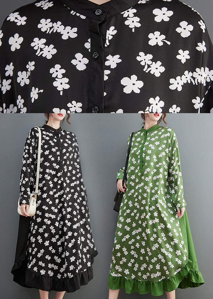 French Green Stand Collar Button Print Shirt Dress Long Sleeve