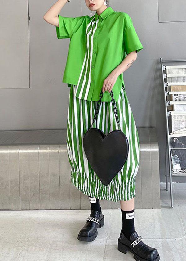 French Green Summer Asymmetrical Design Shirts Short Sleeve Two Piece Set