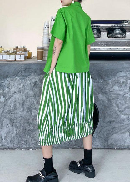 French Green Summer Asymmetrical Design Shirts Short Sleeve Two Piece Set
