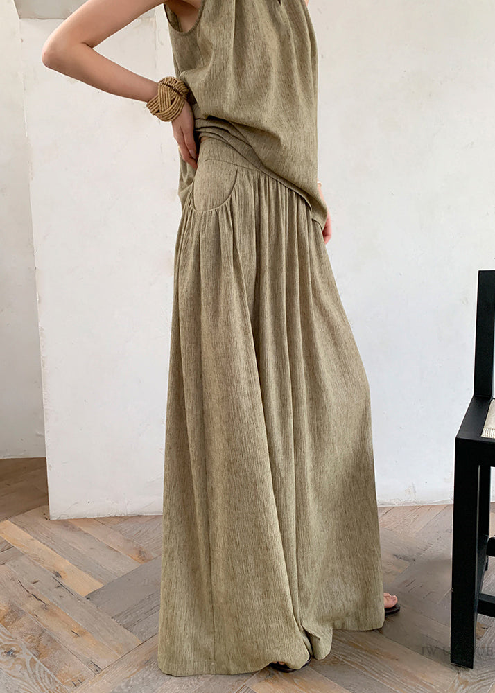 French Green Tops and Pants Linen Two Pieces Set Sleeveless