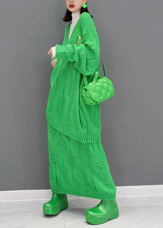 French Green V Neck Knit Sweaters and Skirts Two Piece Set Outfits Fall