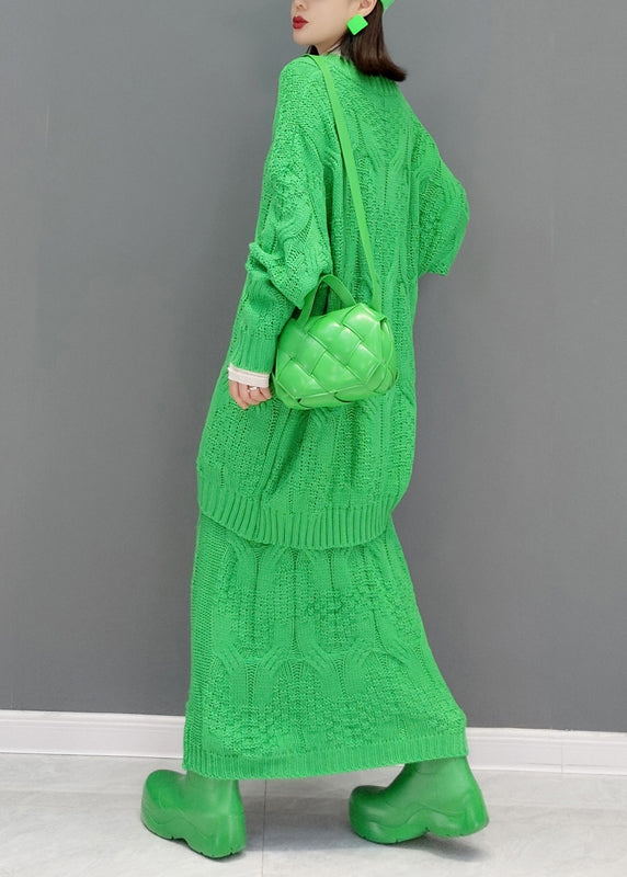 French Green V Neck Knit Sweaters and Skirts Two Piece Set Outfits Fall