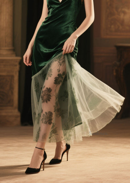 French Green V Neck Patchwork Velvet Spaghetti Strap Dress Summer
