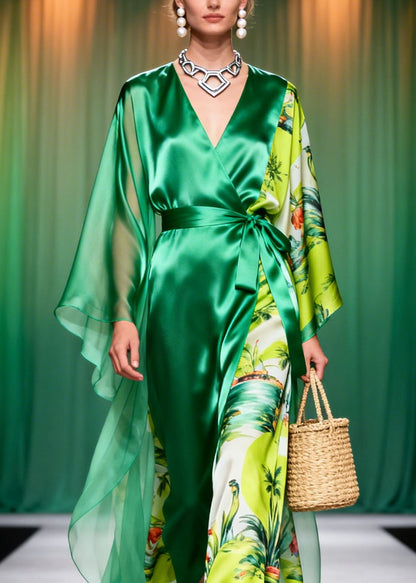 French Green V Neck Print Patchwork Chiffon Long Dresses Spring