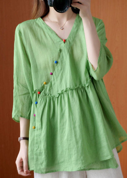 French Green V Neck Ruffled Asymmetrical Design Fall Half Sleeve Shirt