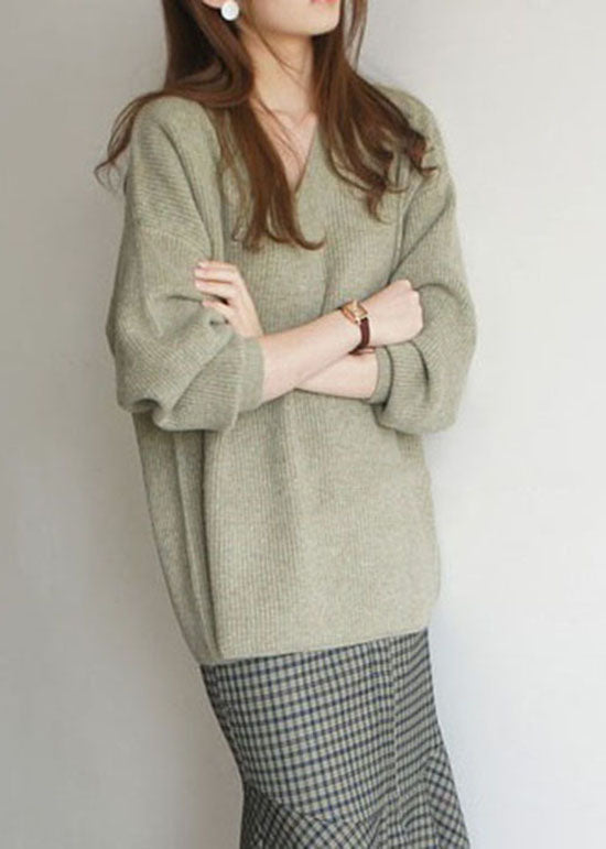 French Green V Neck Cozy Woolen Knit Top Winter