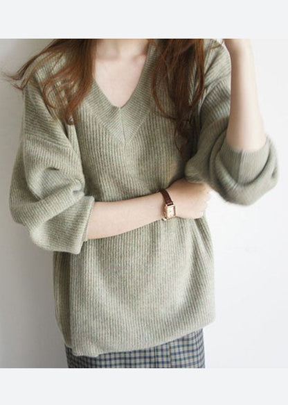 French Green V Neck Cozy Woolen Knit Top Winter
