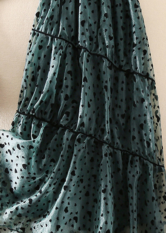 French Green Wrinkled Patchwork Tulle Skirt Spring