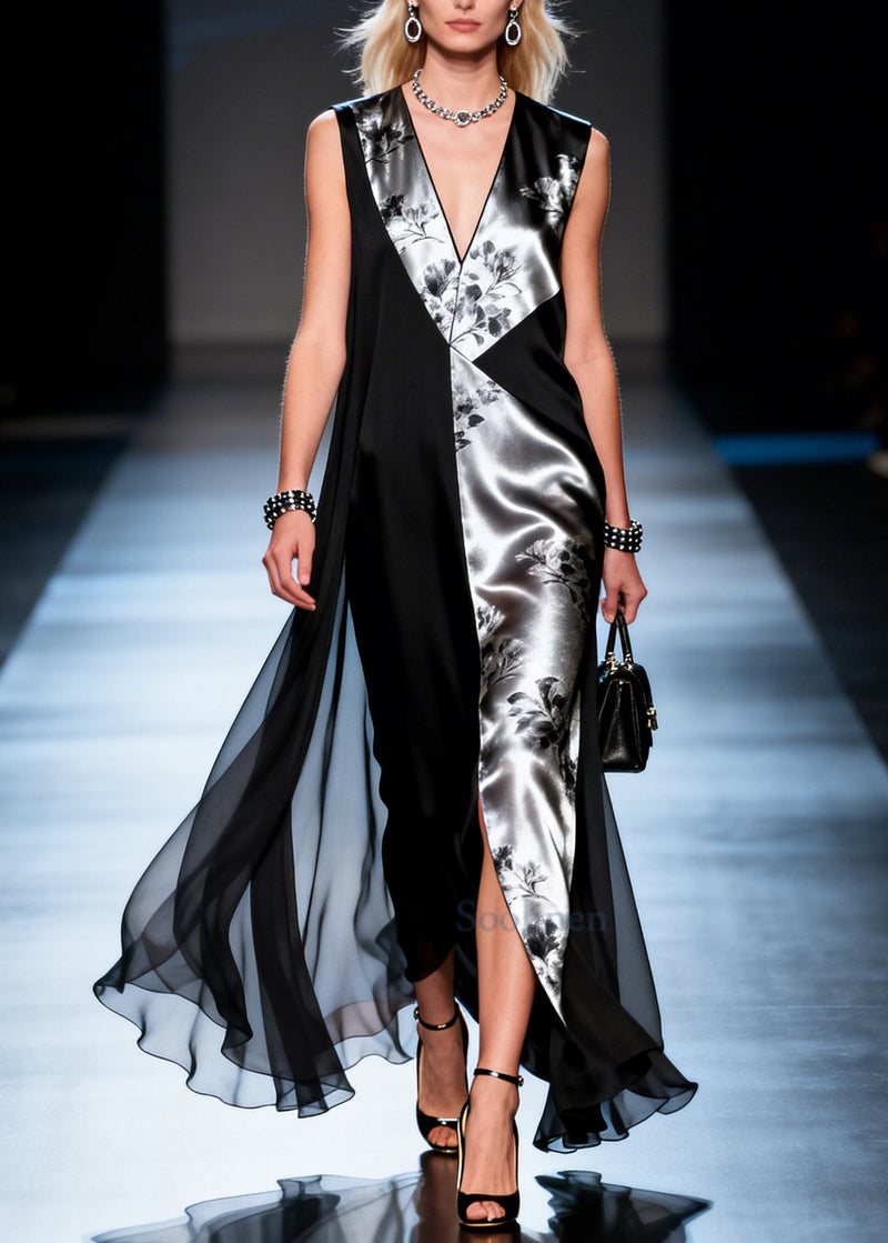 French Grey Asymmetrical Patchwork Chiffon Party Dresses Sleeveless