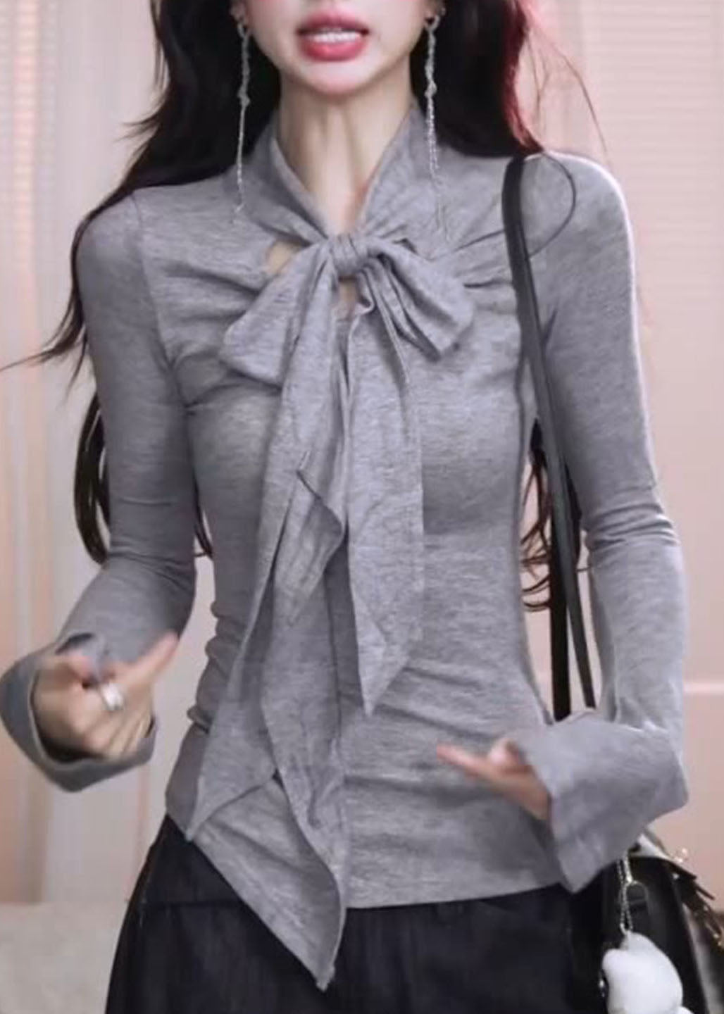 French Grey Bow Patchwork Cotton Shirt Tops Spring