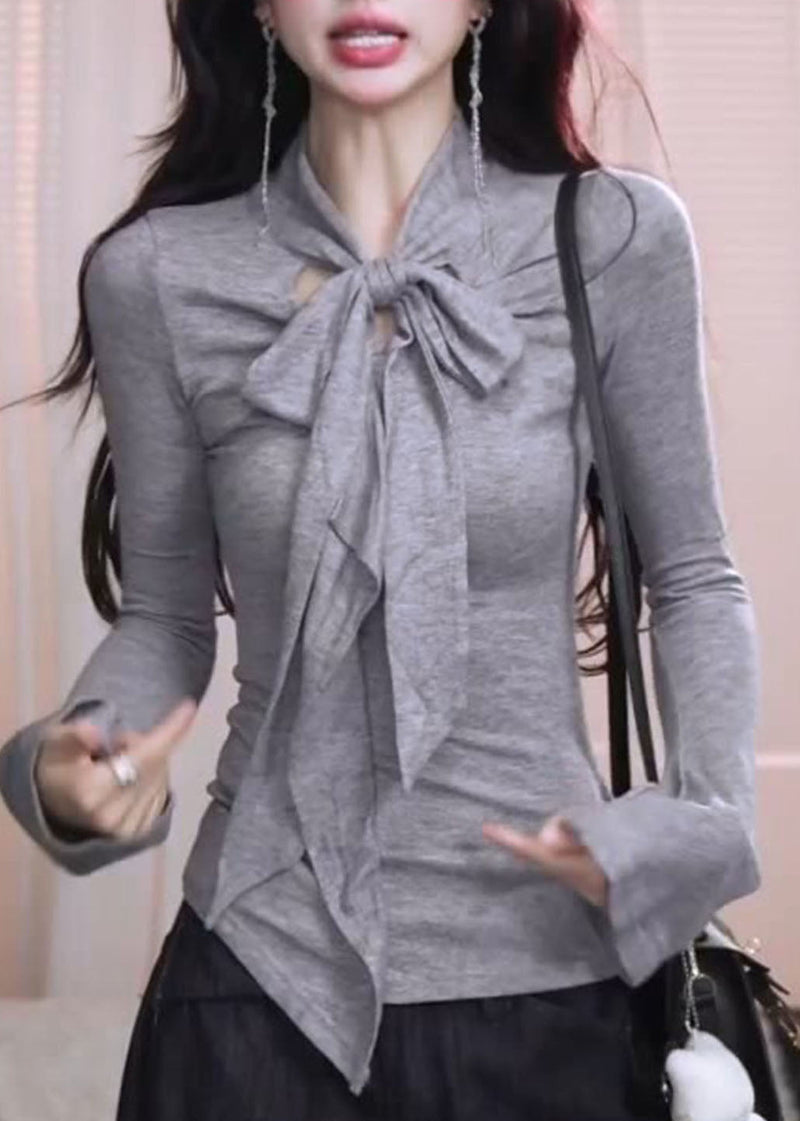 French Grey Bow Patchwork Cotton Shirt Tops Spring