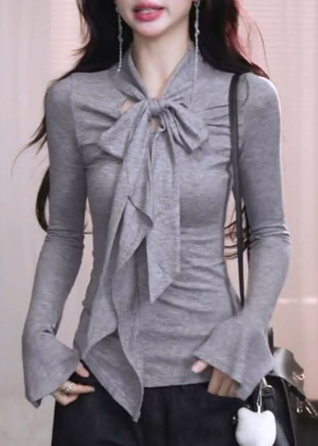 French Grey Bow Patchwork Cotton Shirt Tops Spring