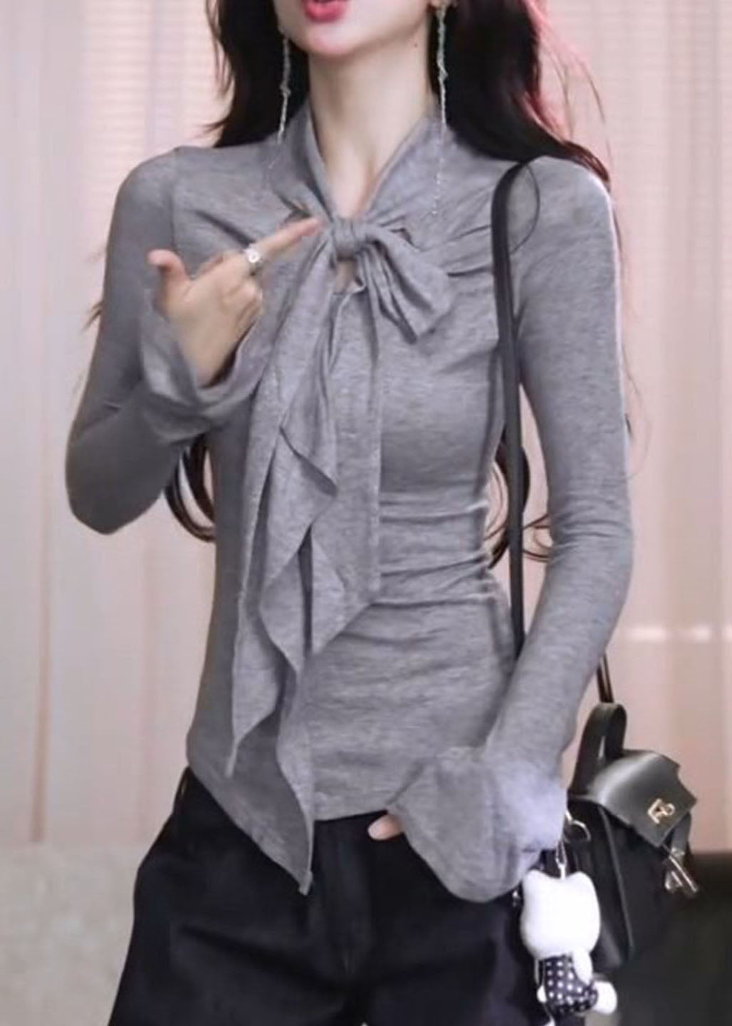 French Grey Bow Patchwork Cotton Shirt Tops Spring